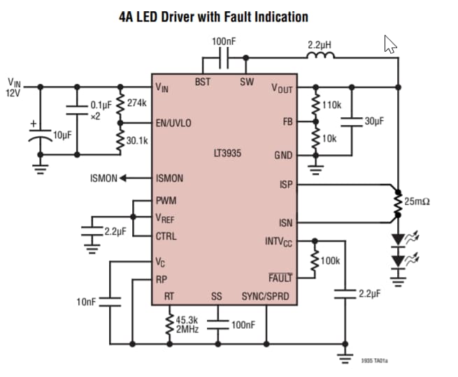 アプリケーション回路図 - Analog Devices Inc. LT3935同期降圧LEDドライバ